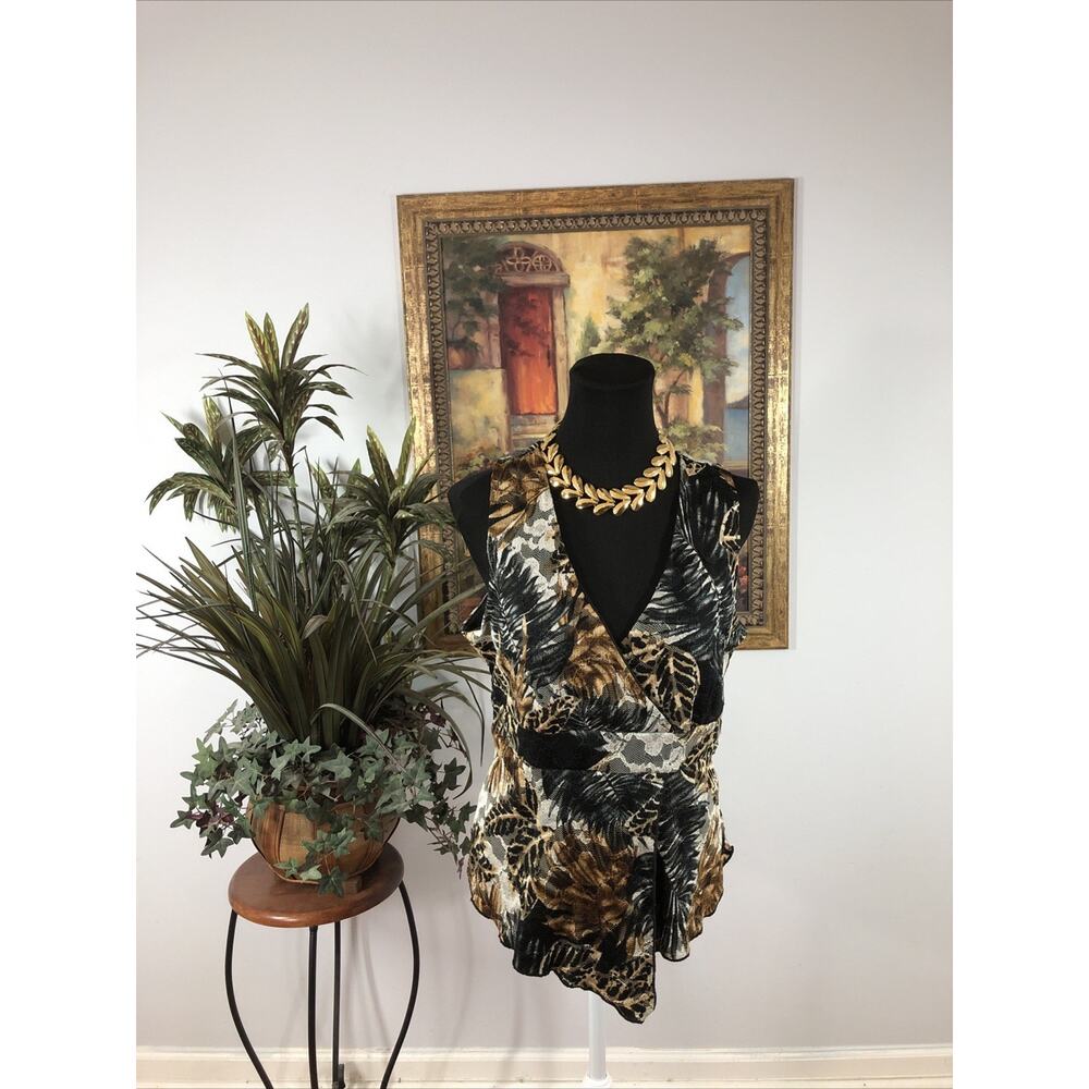 Cato XL Sleeveless Wrap V-Neck Black Brown Tropical Animal Print Stretch Blouse